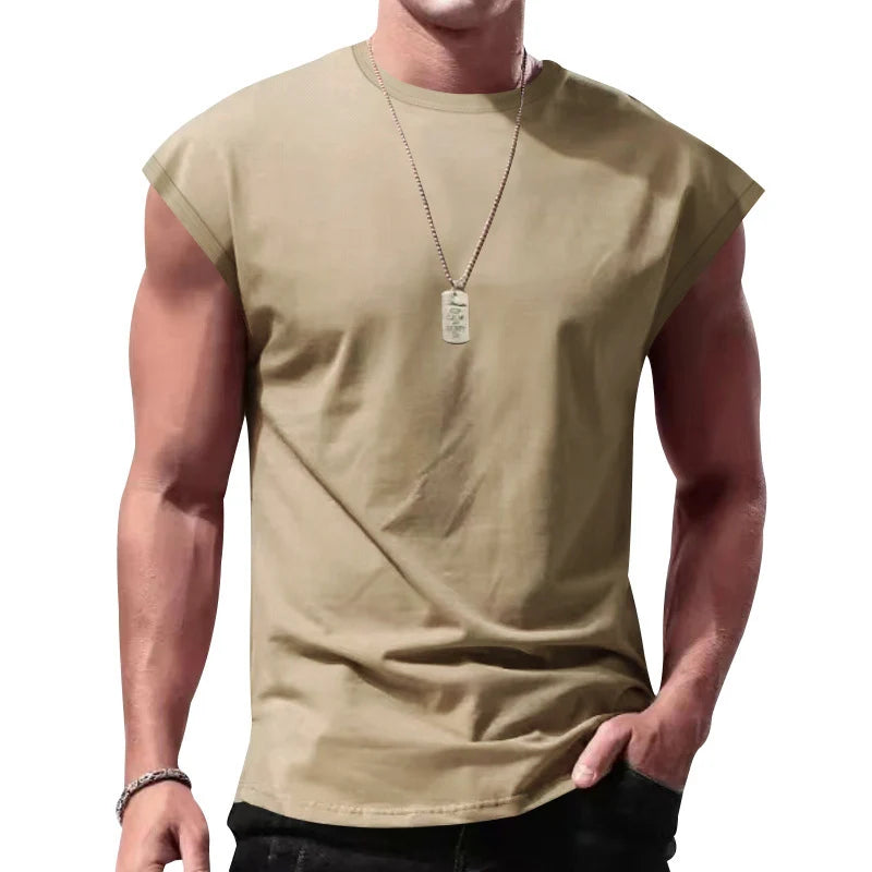 Men's Loose Short Sleeve T-Shirt Round Neck Sleeveless Casual Breathable Summer Sports Basic Vest