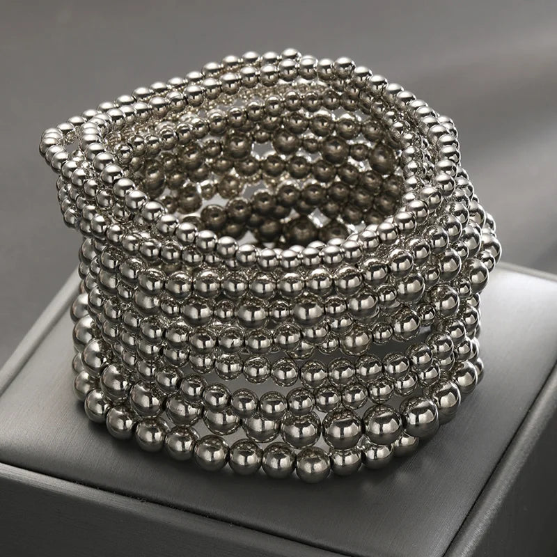 12pcs Chic Beaded Bracelet Set For Women Elegant Vintage Silver Color Exaggerated Round Charm Bangles HipHop Party Jewelry Gifts