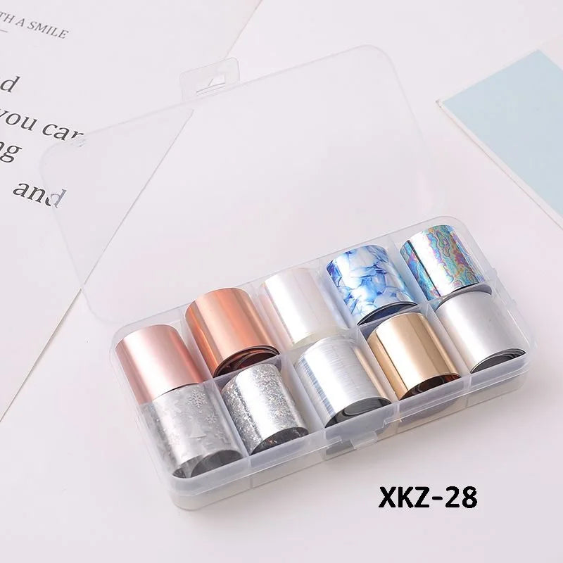 10 Rolls/ Box Charm Nail Foils Polish Stickers Metal Color Starry Paper Transfer Foil Wraps Adhesive Decals Nail Art Decorations