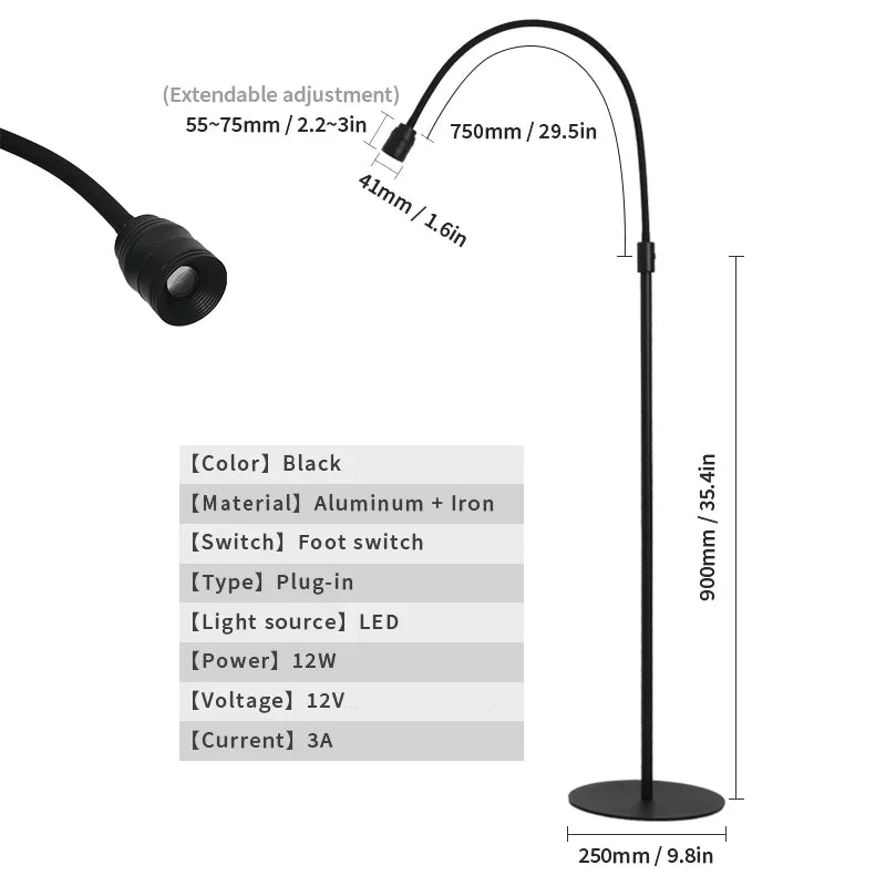 12W LED UV Lamp with Foot Switch Eyelash Extention Gel Curing Floor Lamp Beauty Salon Angle Adjustable Holder Spotlight UV Lamp