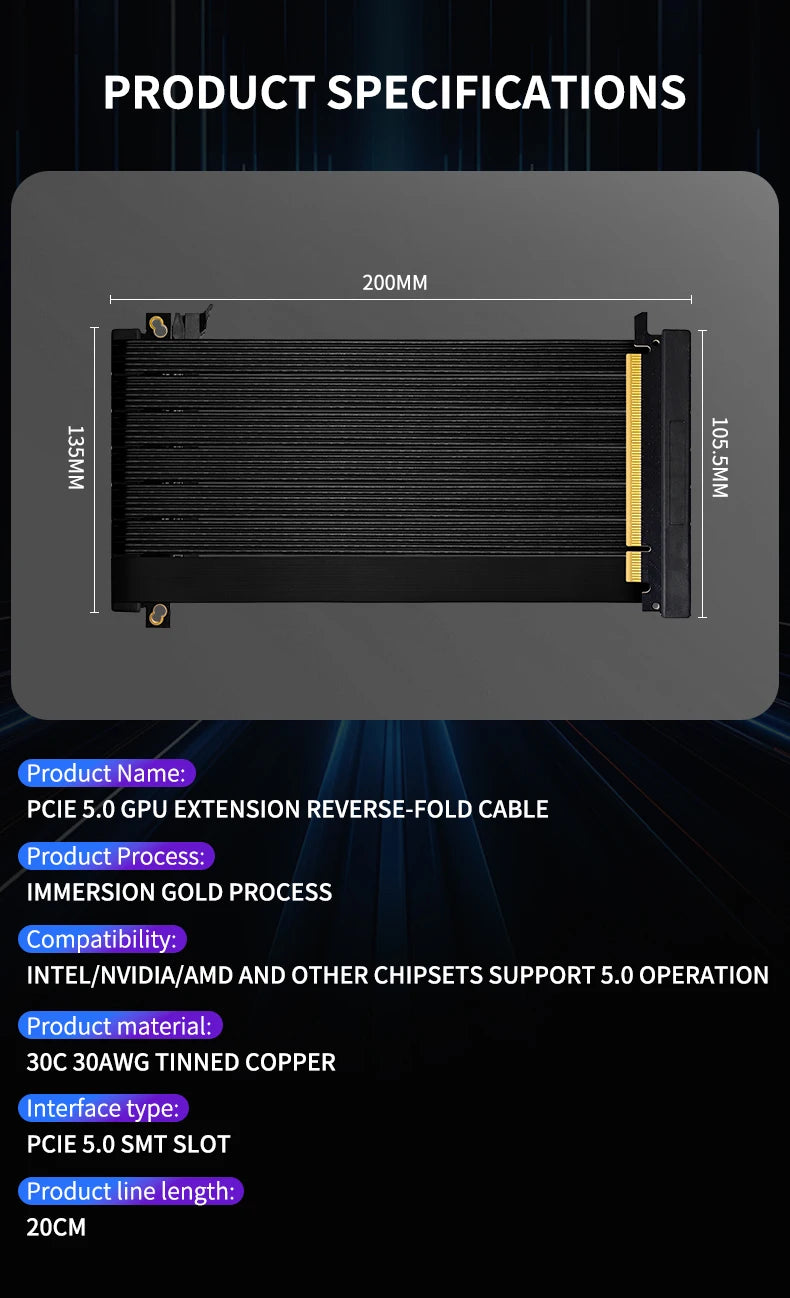 UPSIREN PCI-E 5.0 X16 GPU Extension Cable,Cable length 200mm/Gold-plated process/Suitable for 50 series graphics cards