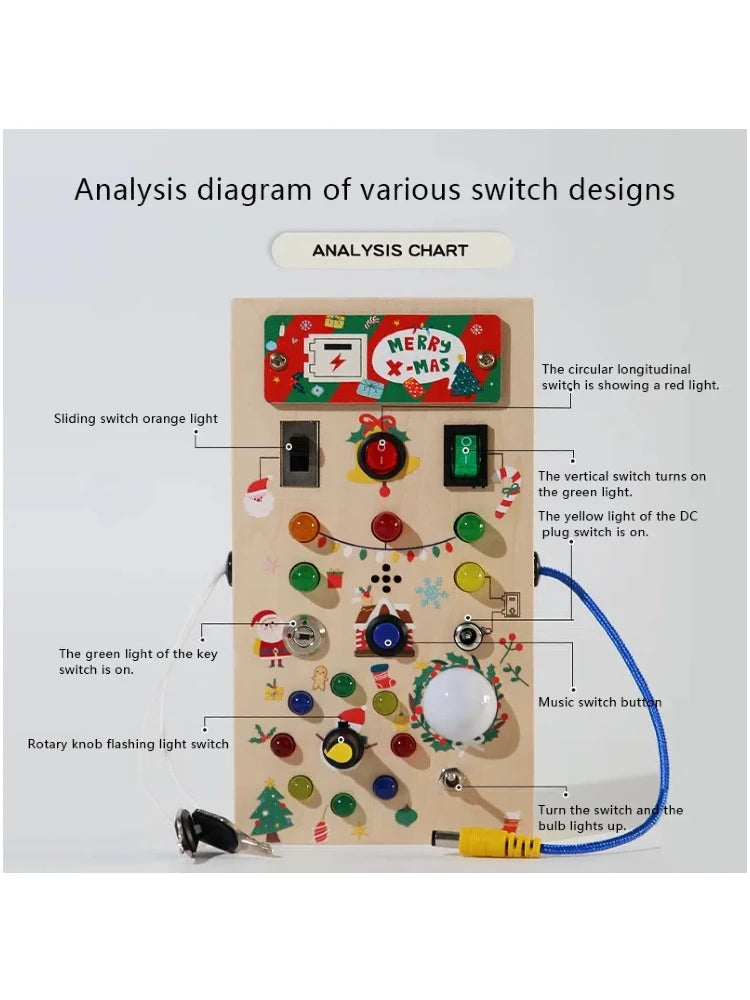 Wooden Interactive Learning Toy with LED Light Busy Board Button Switch Early Education Intelligence Play for Kids