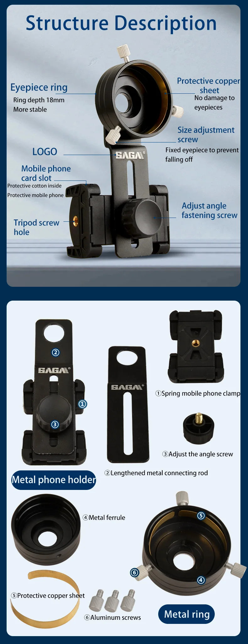 Metal mobile phone clip double monocular astronomical telescope microscope eyepiece connected to mobile phone for taking picture