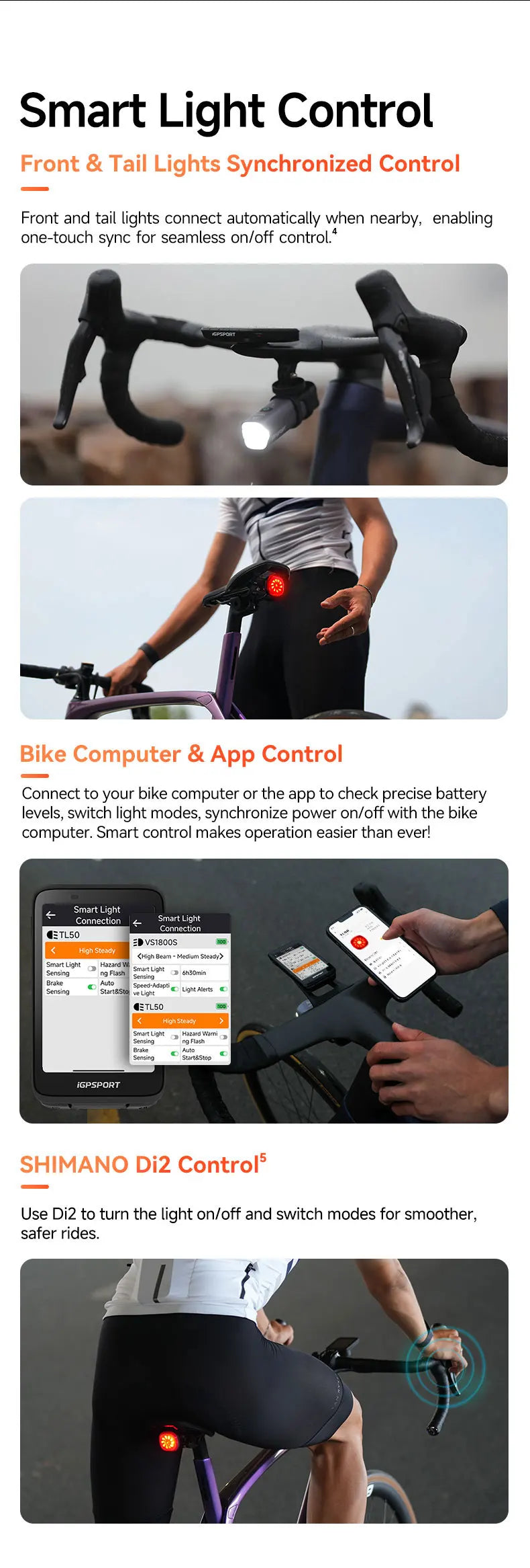 iGPSPORT TL50 Bike Tail Light Rear Bike Light Di2 Control 6 Light Mode Automatic Brake Sensing USB Rechargeable