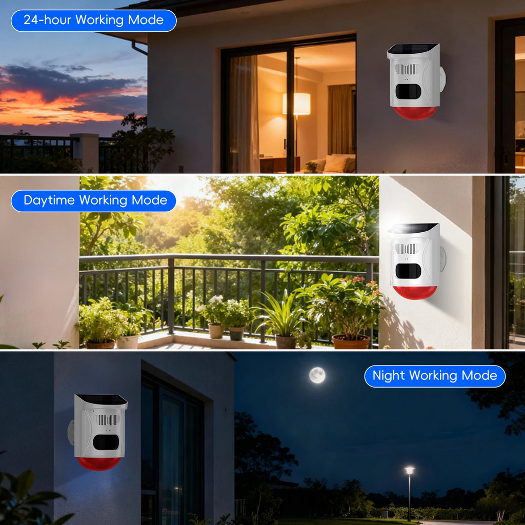 Solar Strobe Alarm Light with Motion Sensor Siren Outdoor Alarm Siren with Remote Controller 120db Sound Security Siren Light
