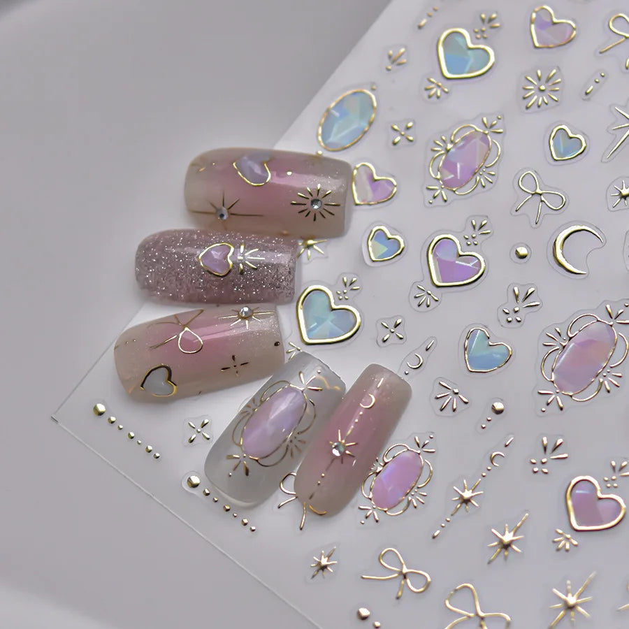 1pcs 5D Shell Light Nail Stickers Fashion Gold Border Love Heart Bowknot Moon Star Art Decal High Quality Manicure Decorations