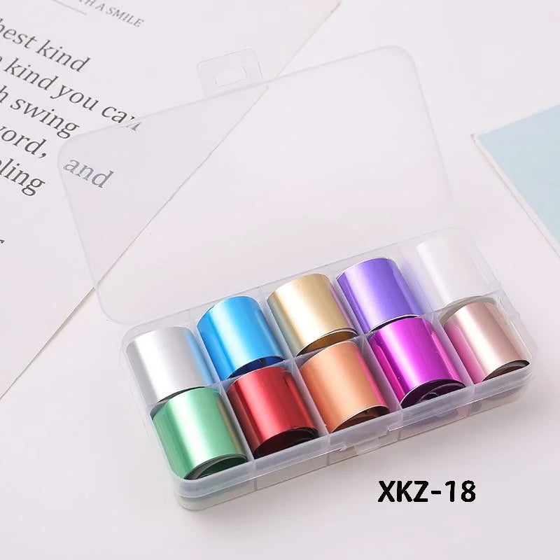 10 Rolls/ Box Charm Nail Foils Polish Stickers Metal Color Starry Paper Transfer Foil Wraps Adhesive Decals Nail Art Decorations