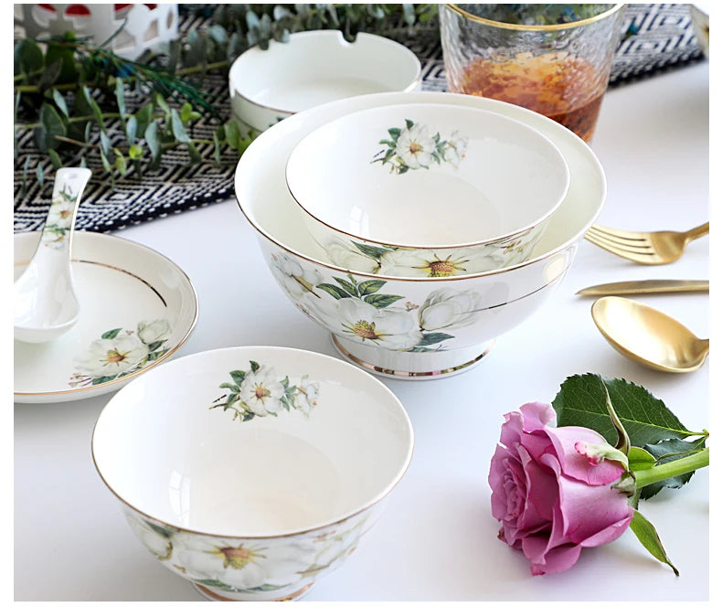 Bone China Dinnerware, Household Ceramic Rice Bowl, Deep Dishes, Soup Pots, Steak Flat Plate, Delicate Floral Tableware