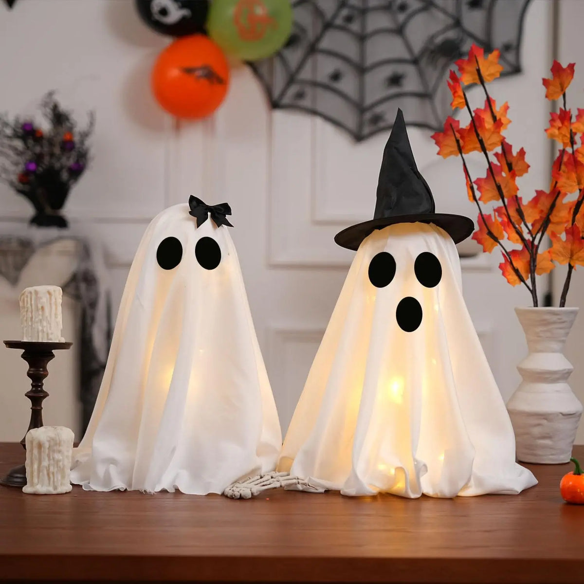 Halloween Ghost Decoration Glowing Desktop Ghost Standing Ornament Haunted Hanging Ghost Decor for Table Home Party Night Gift
