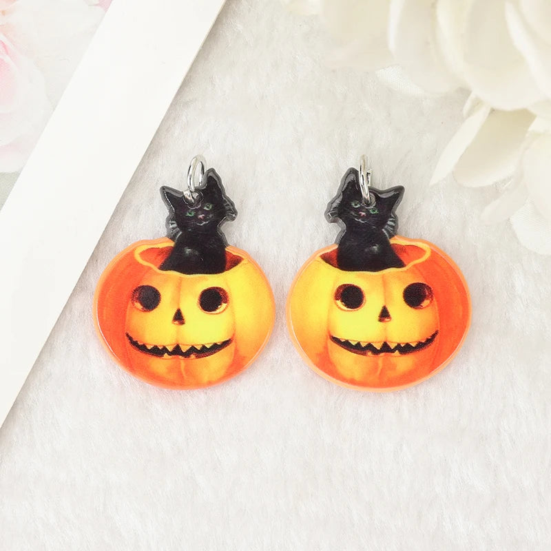 10Pcs Vintage Halloween Charms Creative Acrylic Pumpkins Black Cat Pendant For Necklace Earring DIY Making Accessories
