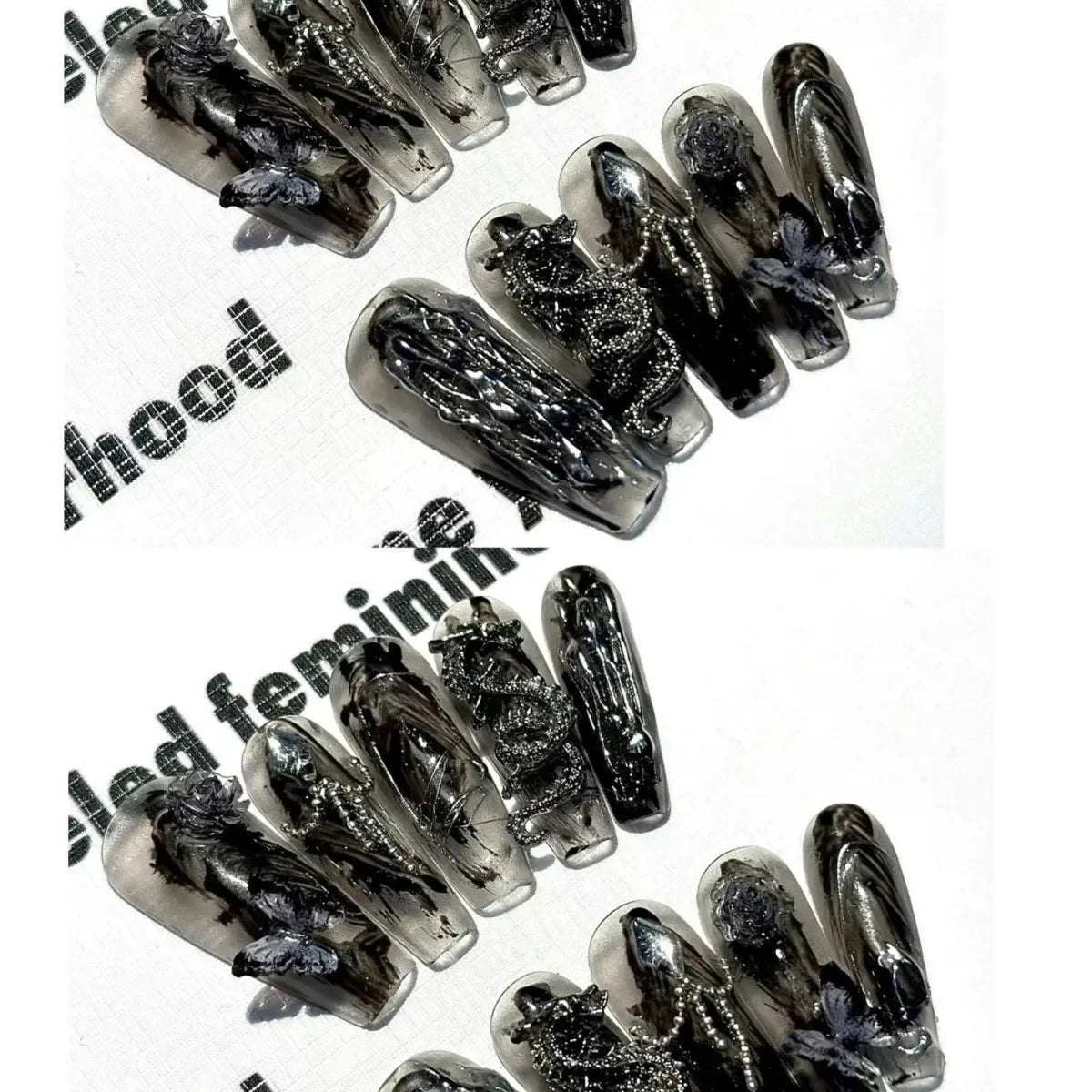 Punk Dragon Charms Press on Nail Artificial Long False Nails XS Black Dragons Goth Presson Tips Butterfly Fake Nail y2k Pressons