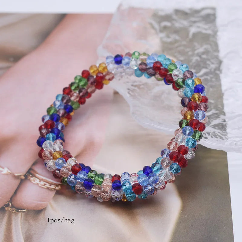 Mixed Color Trendy Glass Bead Bracelet Elastic Handmade Strand Bracelets for Women Gift New Hair Accessory Glass Beads Bracelet