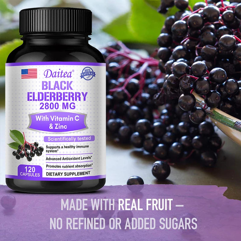 Black Elderberry Capsules 2000mg with Vitamin C, Milk Thistle, Antioxidants, Immune System Support, Energy Boost, Non-GMO