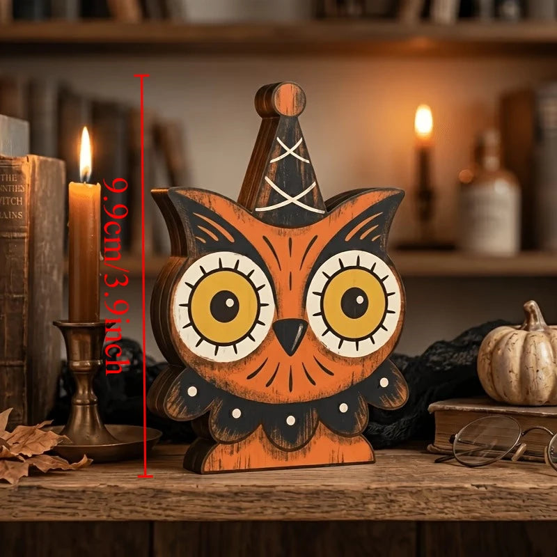 1/6pc Halloween Decor Indoor Retro Wooden Block for Shelf Decoration,Cute Ghost,Pumpkin,Black,Cat,Skeleton,Owl,Housewarming Gift