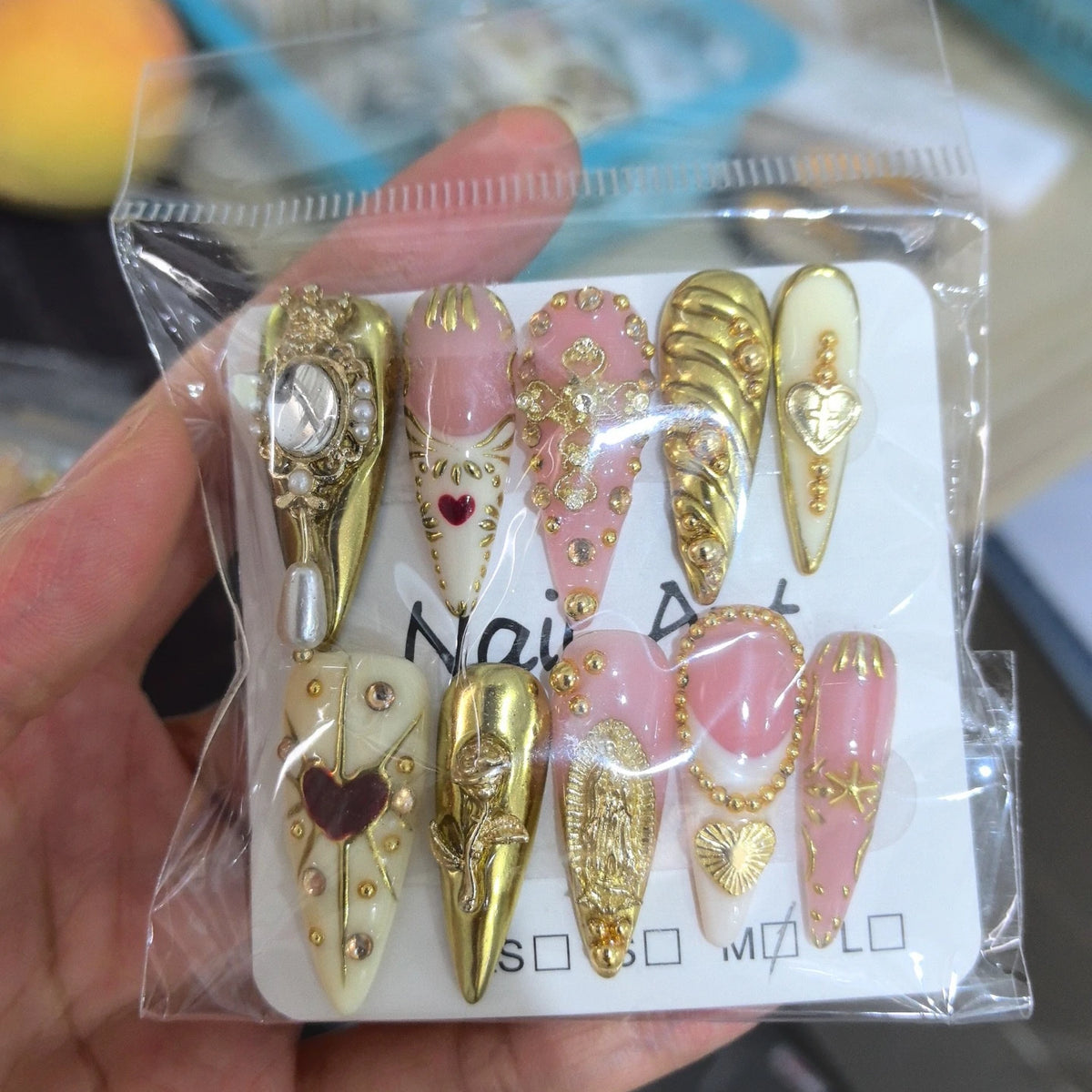 10Pcs Retro Golden Stiletto Handmade Press on Nails Fake Nails with 3D Decoration Wearable Stick-on Nails False Nail 네일팁 Uñas