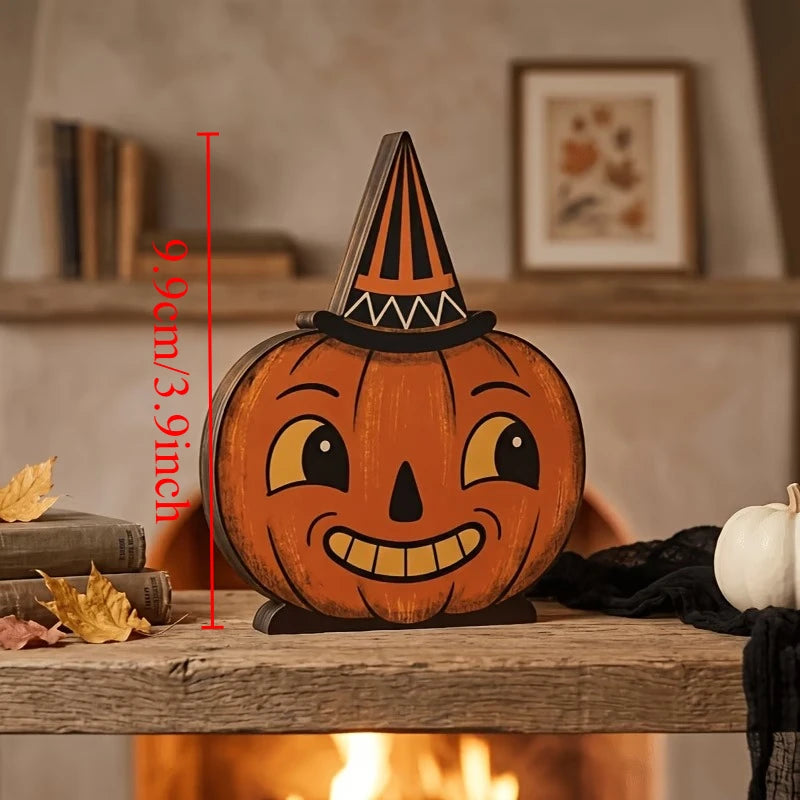 1/6pc Halloween Decor Indoor Retro Wooden Block for Shelf Decoration,Cute Ghost,Pumpkin,Black,Cat,Skeleton,Owl,Housewarming Gift