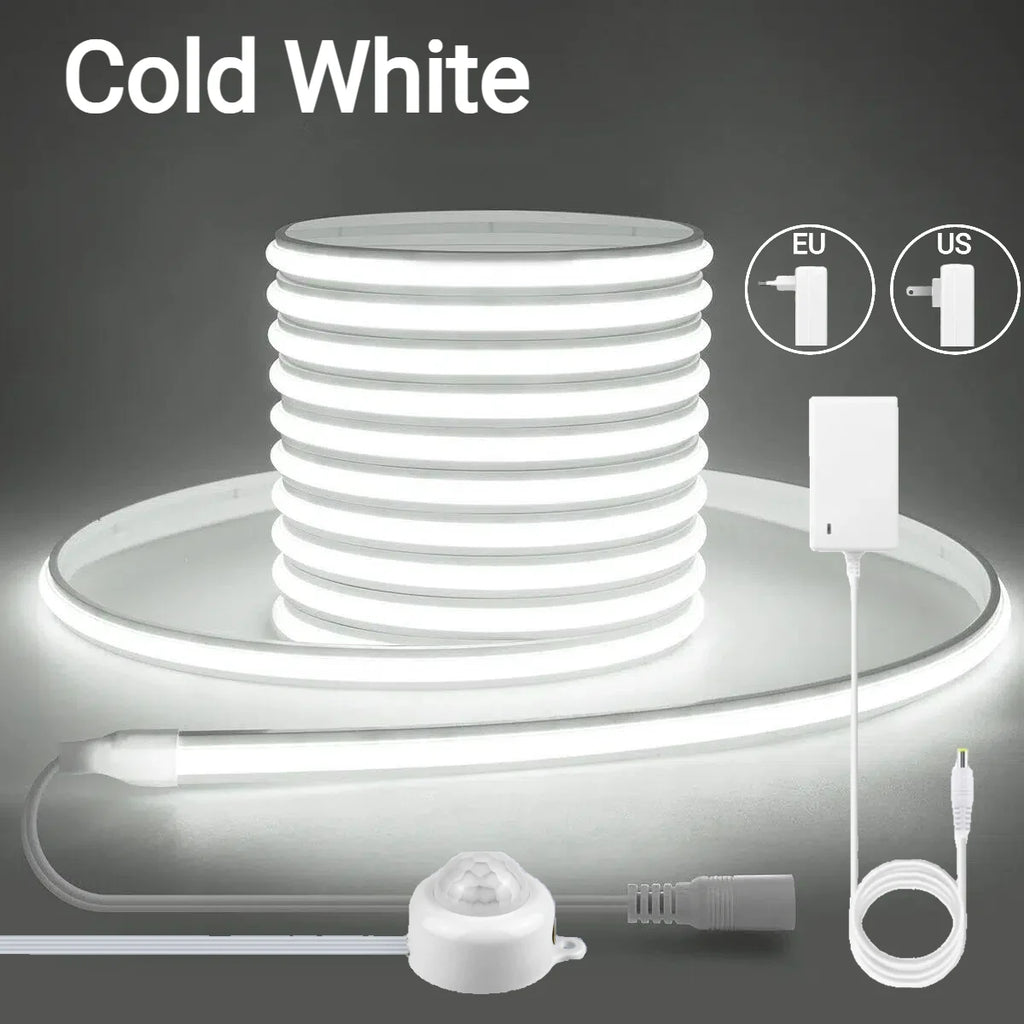 Motion Sensor Neon COB LED Strip Light Solid Silicone 24V Cuttable Light Strip Delay Time Adjustable 20-350s for Stairs Hallway