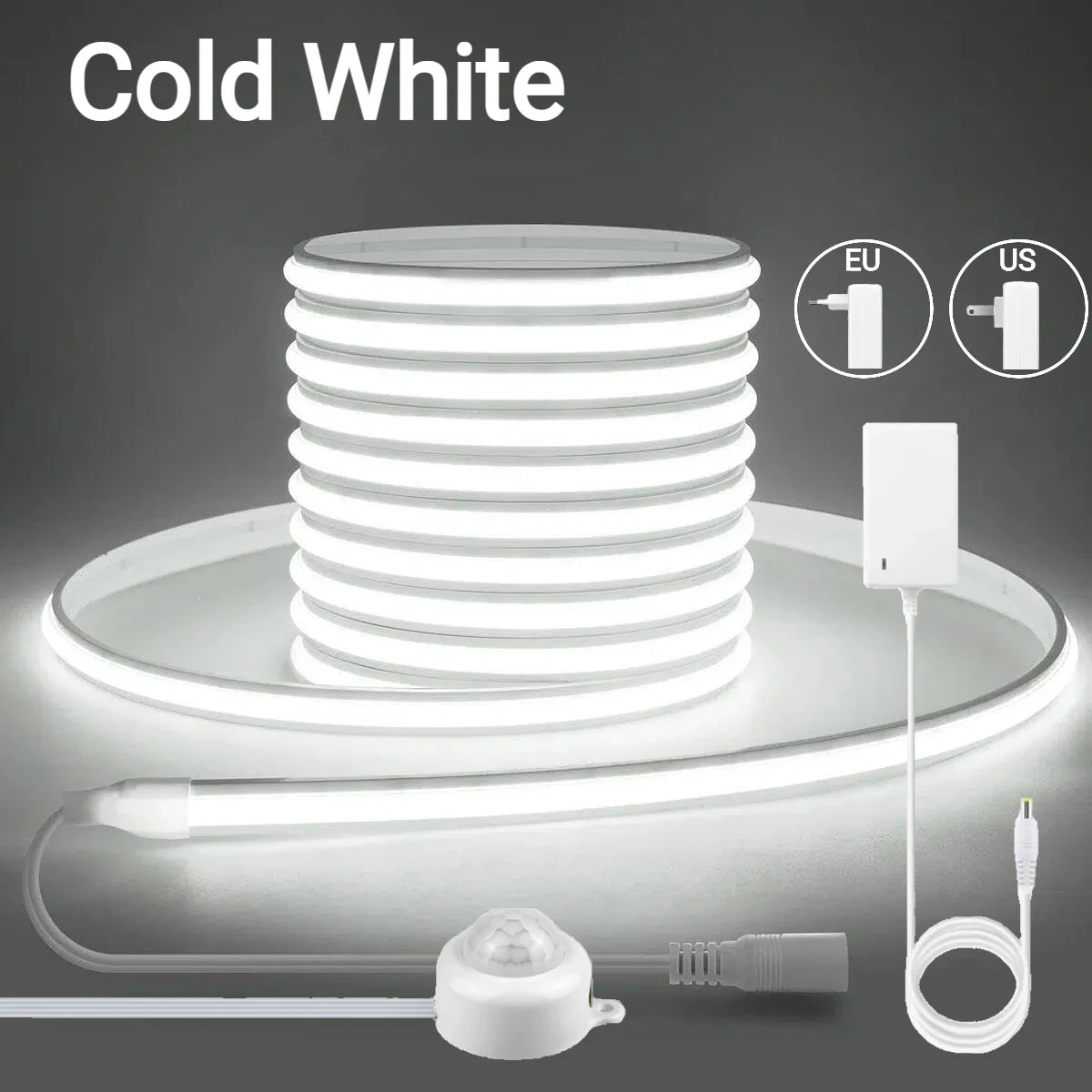 Motion Sensor Neon COB LED Strip Light Solid Silicone 24V Cuttable Light Strip Delay Time Adjustable 20-350s for Stairs Hallway