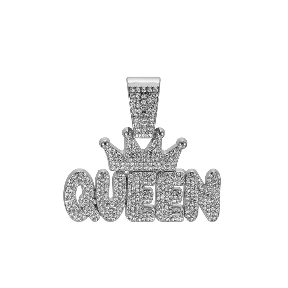 Men's Hip Hop Crown with QUEEN Letter Pendant Necklace For Women Crystal Cuban Chain Iced Out Bling Necklaces Rock Biker Jewelry