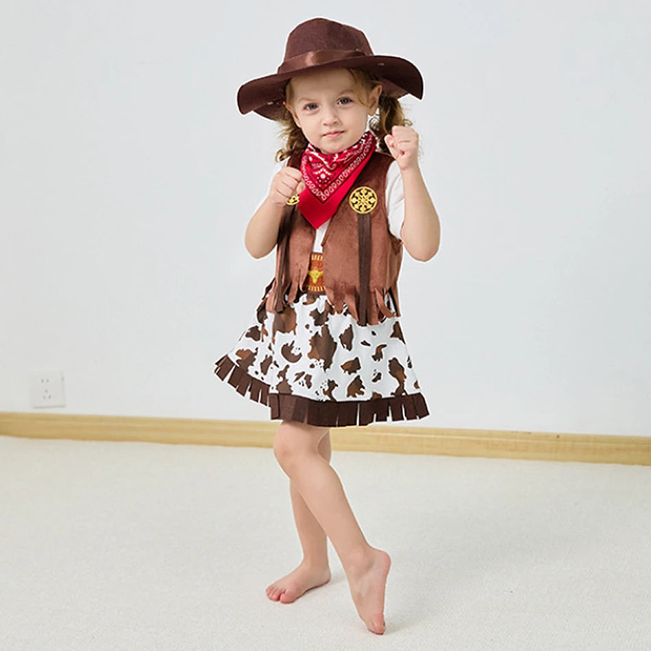 Kids Cowgirl Cosplay Vest Skirt Hat Set Girl Festival Performance Outfit Child Carnival Xmas Halloween Party Masquerade Clothing