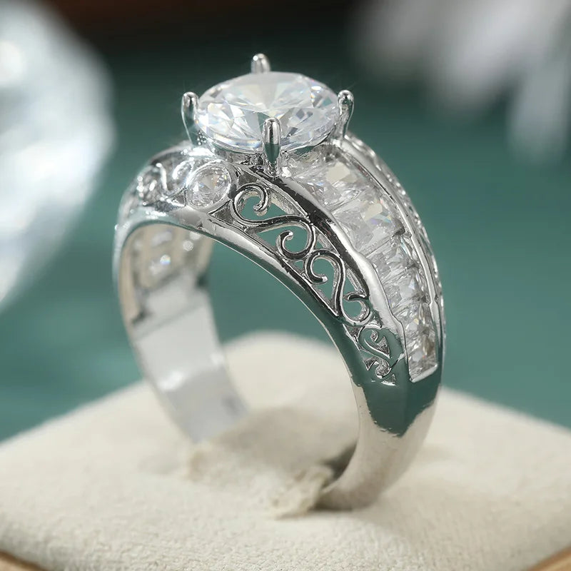 Aesthetic Inlaid White CZ Women's Ring Trendy Silver Color Hand Carving Daily Wear Party Jewelry Anniversary Gift