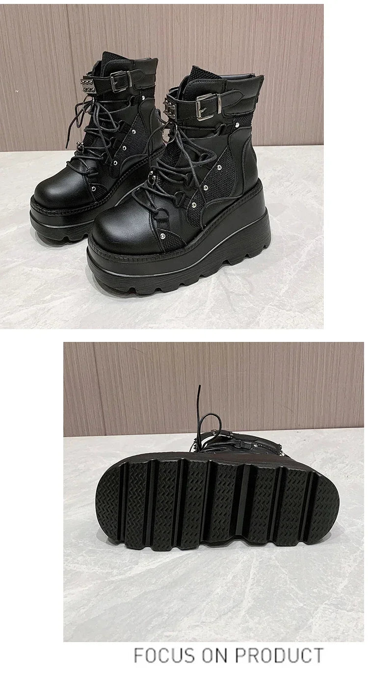 2025 New Design Women Punk Gothic Motorcycle Boots Platform Chunky High Heel Ankle Boot Ladies Cool Wedge Black Female Shoes