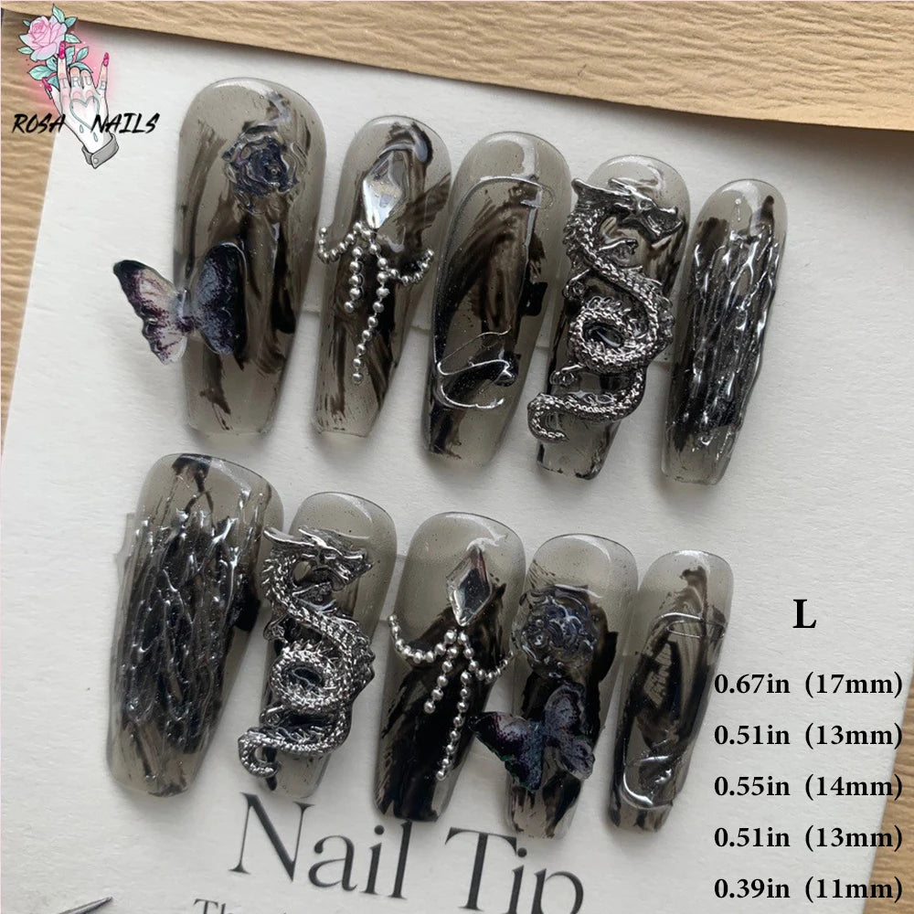 Punk Dragon Charms Press on Nail Artificial Long False Nails XS Black Dragons Goth Presson Tips Butterfly Fake Nail y2k Pressons
