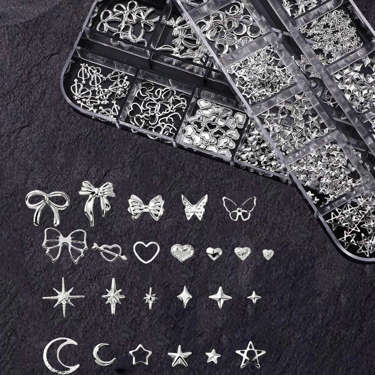 12Grids 3D Silver Heart Bow Butterfly Nail Charms Y2K Metallic Star Moon Nail Rivet Studs DIYValentine's Day Manicure Decoration