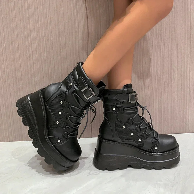 2025 New Design Women Punk Gothic Motorcycle Boots Platform Chunky High Heel Ankle Boot Ladies Cool Wedge Black Female Shoes