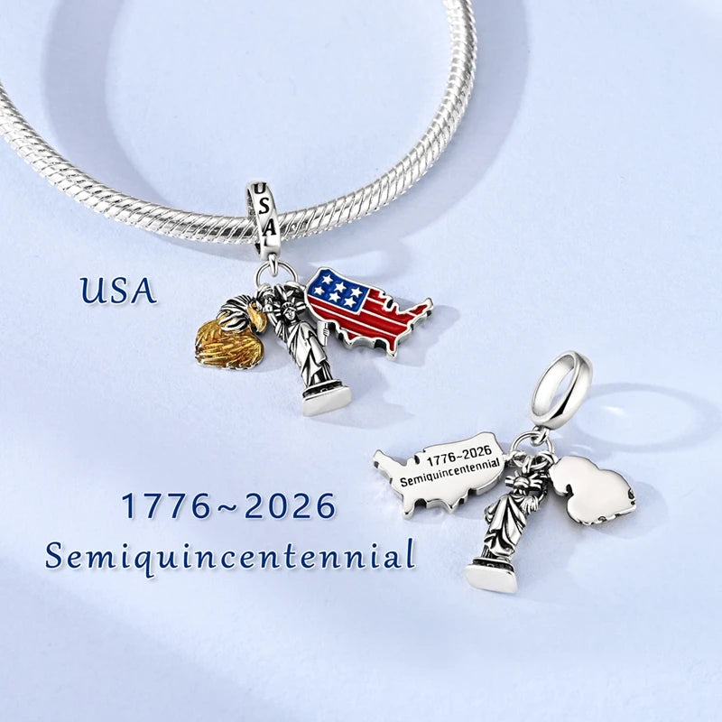 Original 925 Sterling Silver Charms Bead American Flag Independence Day Pendant Fit Original Bracelet For Women DIY Jewelry Gift