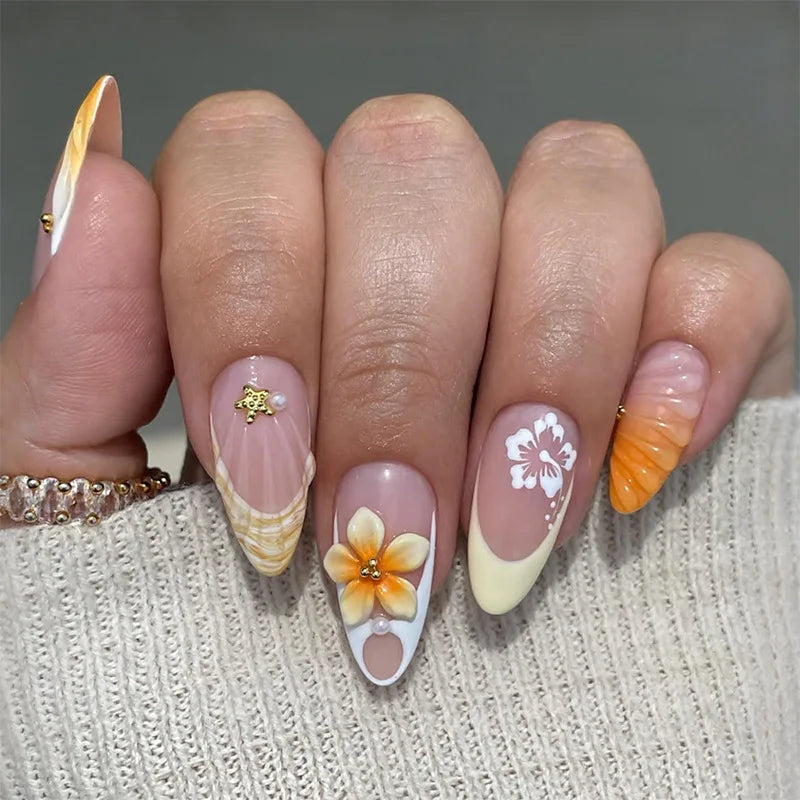 24Pcs Mid-length French Almond Press on Nails Tips 3D Flower Starfish French Fake Nails White Gradient Wearable False Nails Art