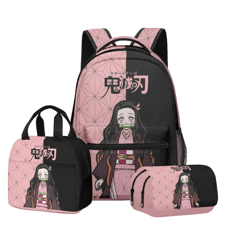 New Anime Peripheral Demon Slayer 3D School Backpack Lunch Bag Pencil Case 3-Piece Set Printed Holiday Gift for Students Gift