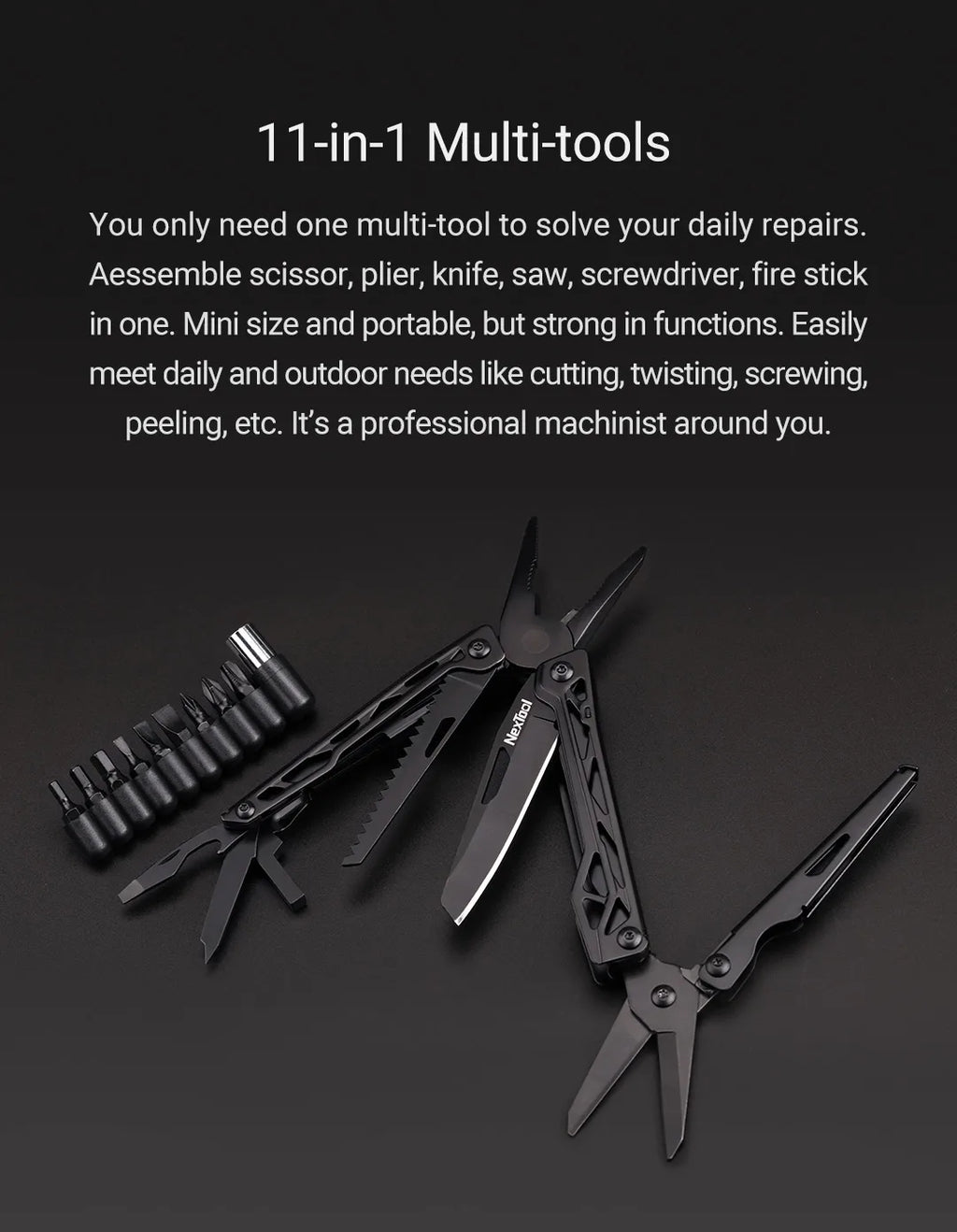 NexTool 11-In-1 Black Knight Multi-function Camping Tools Knife Outdoor Survival Folding Pliers Scissors Hand Multitool Tool Kit