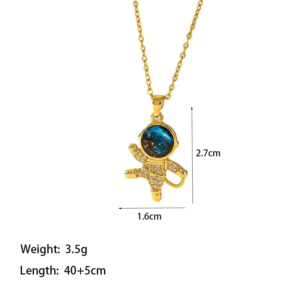 Creativity Trendy Stainless Steel Blue Crystal Planet Spaceman Moon Pendant Necklace for Women Cute Zircon Collar Jewelry Gift