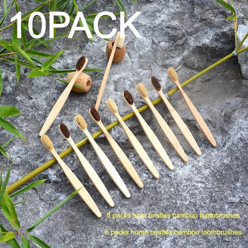 10pack Natural Bristle Bamboo Toothbrushes,Horse & Boar Bristle,Totally Compostable Biodegradable Zero Waste Plastic Free