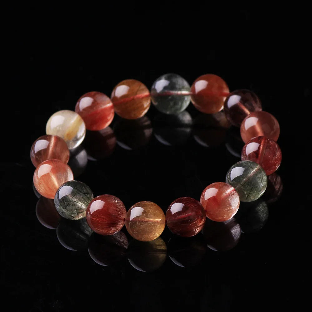Natural Colorful Rutilated Quartz Beads Bracelet Women Men Red Green Copper Clear Round Beads 8mm 9mm 11mm 12mm 13mm AAAAA