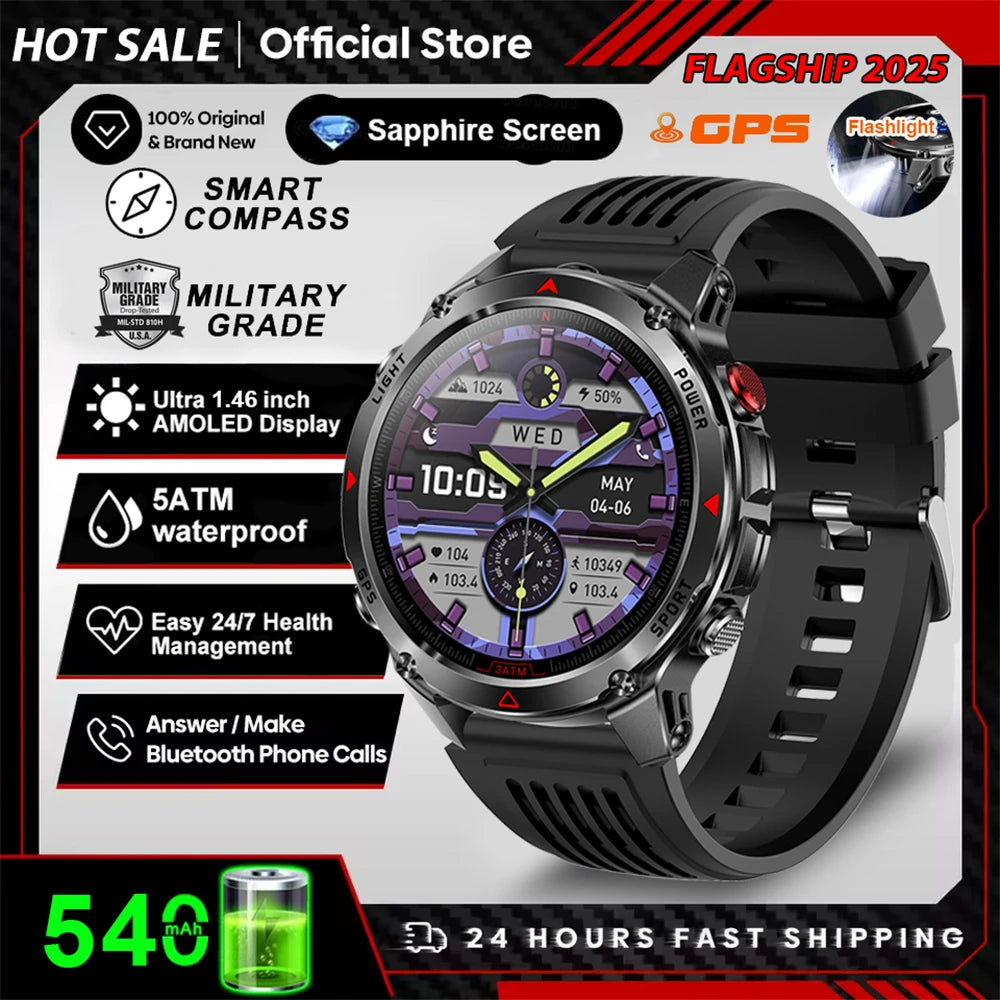 2025 New Military Bluetooth Call Smart Watch Built-in GPS Compass Barometric Altimeter 3ATM Waterproof Sports Smartwatches Men