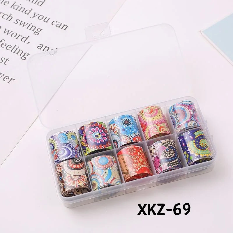 10 Rolls/ Box Charm Nail Foils Polish Stickers Metal Color Starry Paper Transfer Foil Wraps Adhesive Decals Nail Art Decorations