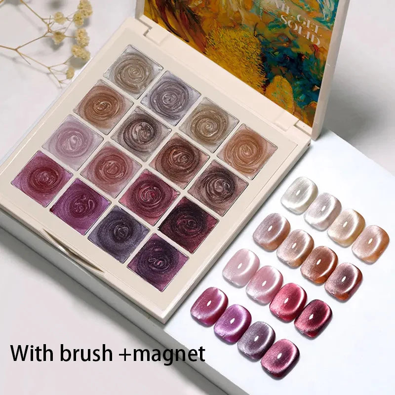 16colors Japanese Holographic Glitter Mirror Porcelain White Cat Eye Gel Polish Palette Magnetic Galactic Effect Gel Nail Polish