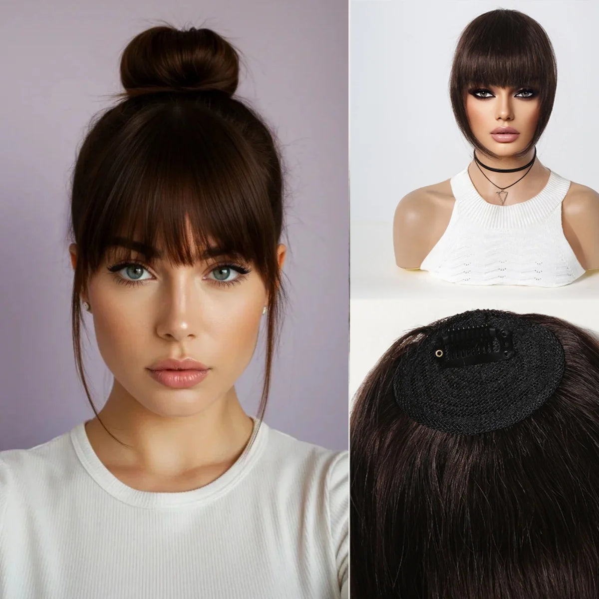 100% Remy Human Hair Fringe Bangs Clips in Natural Black Human Hair 3D Fringe Bangs Hairpieces for Women with Thinning Hair