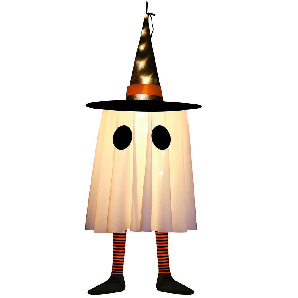 Halloween Hanging Ghost Decorations Outdoor, Glowing Ghost with Witch Hat String Lights for Yard Patio Garden Tree Decoration