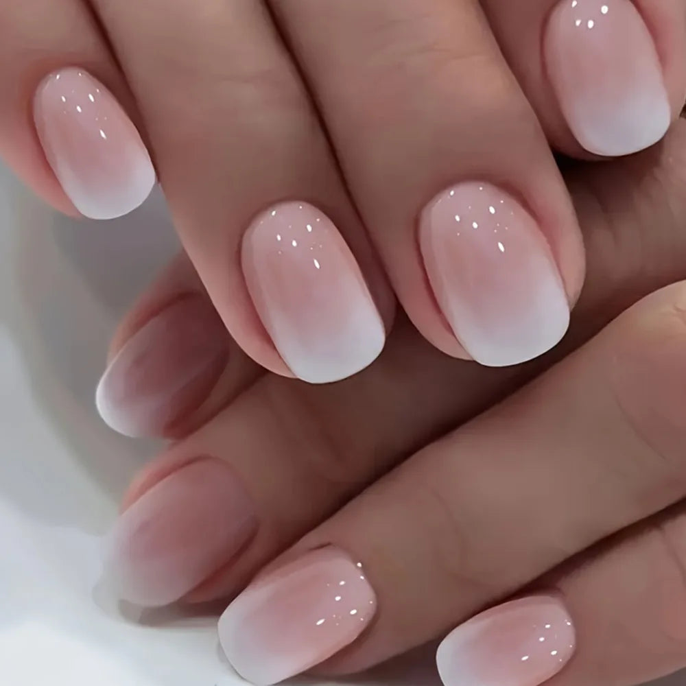 24Pcs Simple Square Head Fake Nail with nude design White Gradient French Press on False Nails Short Full Cover Nail Tips