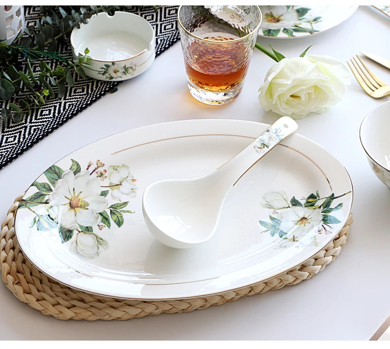Bone China Dinnerware, Household Ceramic Rice Bowl, Deep Dishes, Soup Pots, Steak Flat Plate, Delicate Floral Tableware