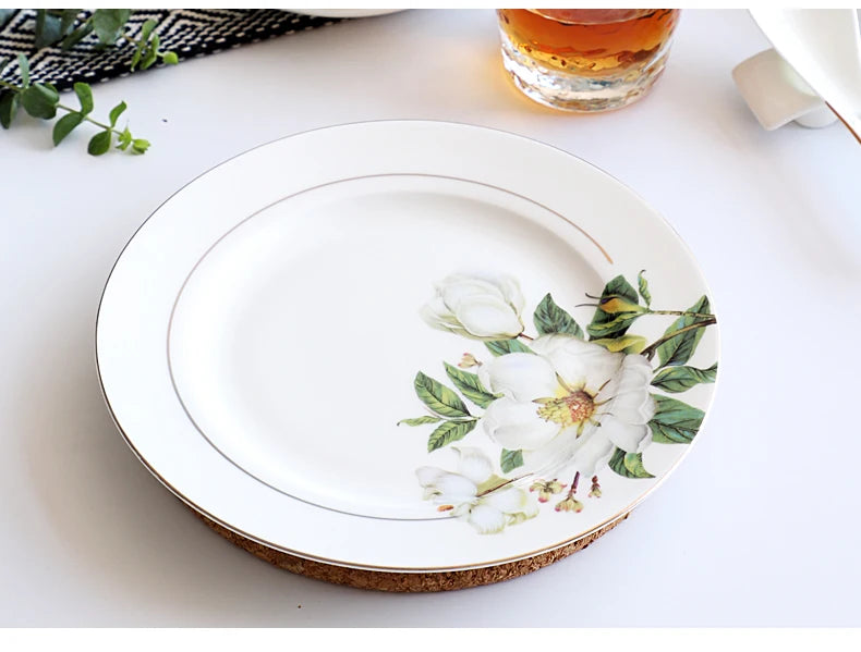 Bone China Dinnerware, Household Ceramic Rice Bowl, Deep Dishes, Soup Pots, Steak Flat Plate, Delicate Floral Tableware