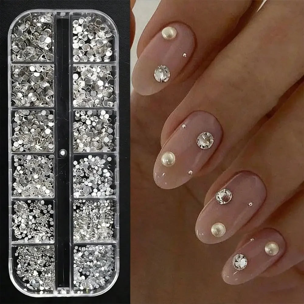 12 Grids Nail Rhinestones Mixed Size Clear Crystal AB Charms Flatback DIY Nail Art Decor