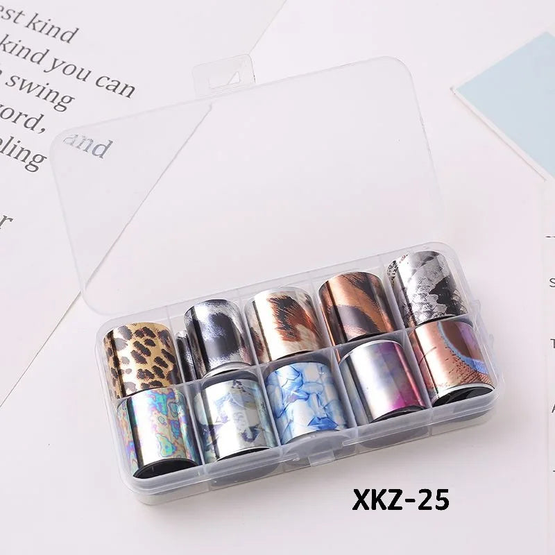 10 Rolls/ Box Charm Nail Foils Polish Stickers Metal Color Starry Paper Transfer Foil Wraps Adhesive Decals Nail Art Decorations