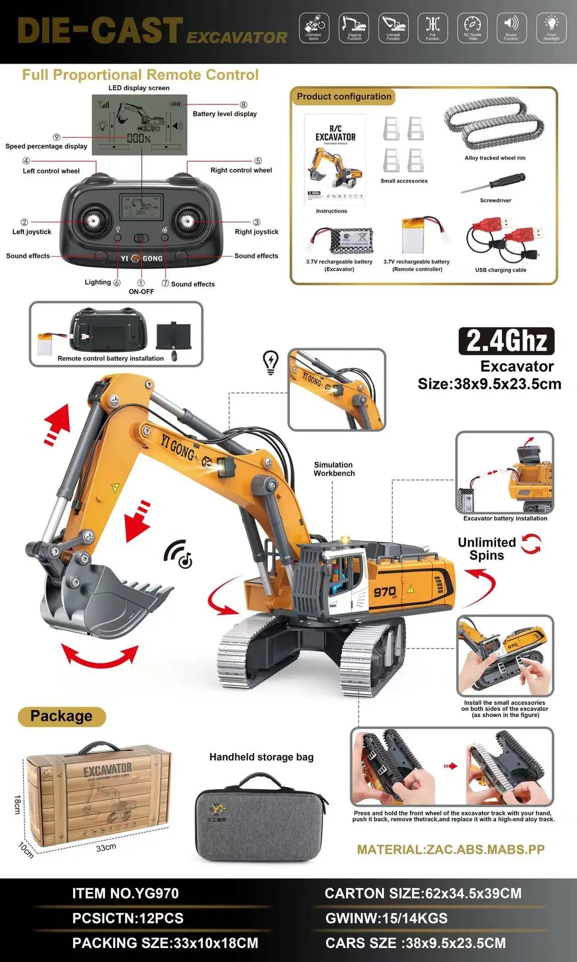 Mini Excavator 1/50 970 Electric Excavator Simulation Model With Lighting System Desktop Remote Control Excavator Model Toy