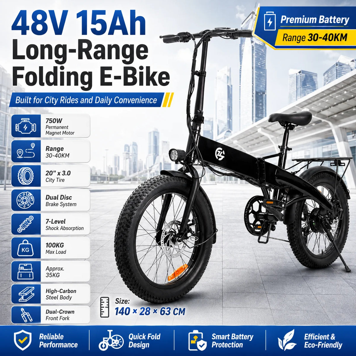 Powerful 750W Foldable Electric Bike 20 Inch Urban E-Bicycle 48V 15Ah Battery E-Bike Dual Disc Brakes 7-Level Shock Absorption