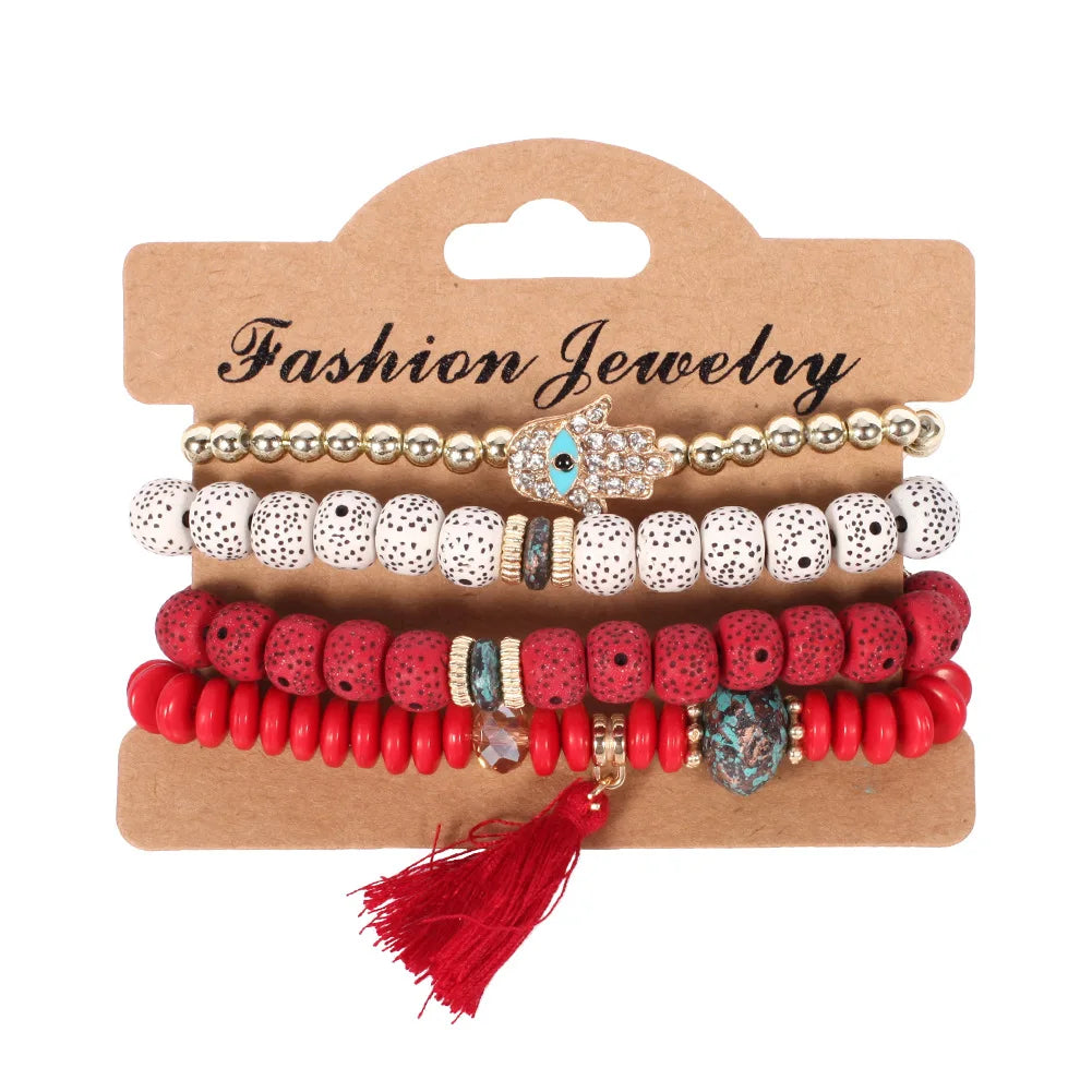 4Pcs/set Bohemia Wood Beads Chain Bracelet Set For Women Tree Of Life Charm Rose Flower Handmade Bangle Girls Boho Jewelry