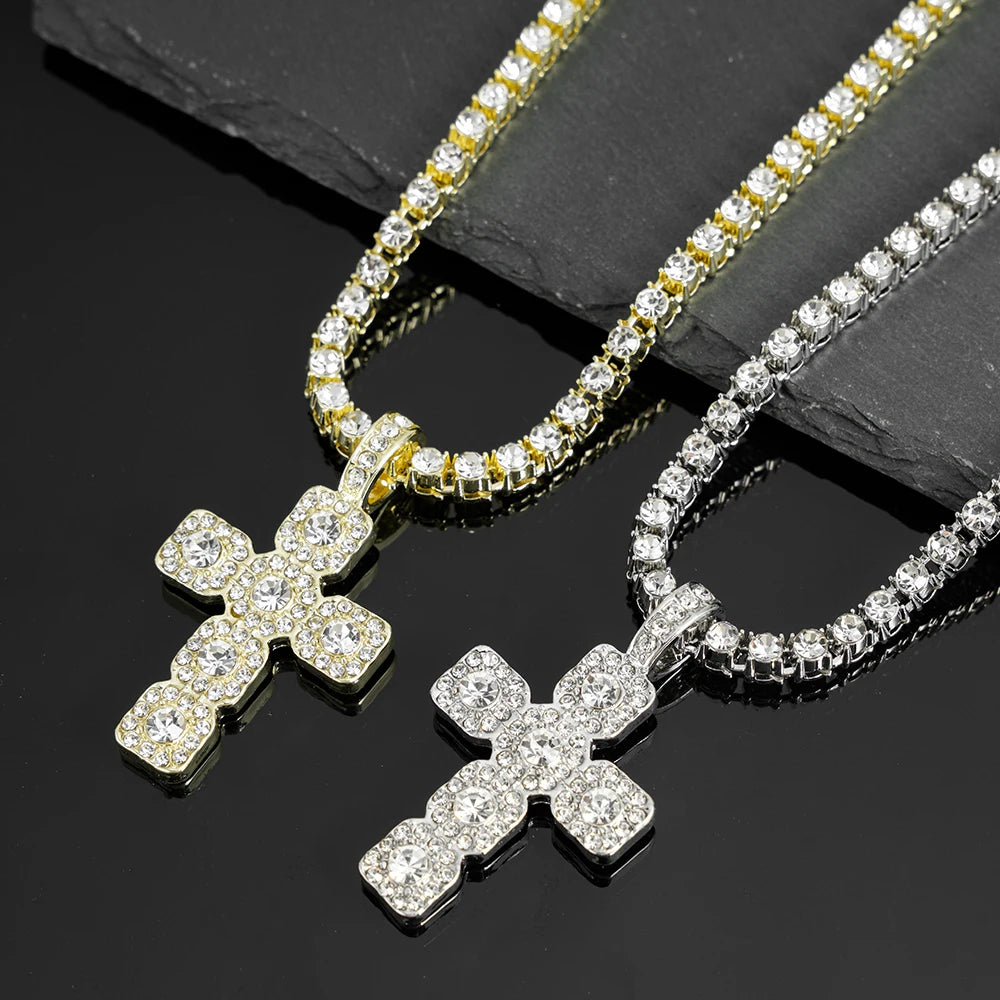 2025 New Hip Hop Cross Pendant Necklace Men 4mm Rhinestone Tennis Chain Iced Sparkling Necklace Women Punk Jewelry Fashion Gift